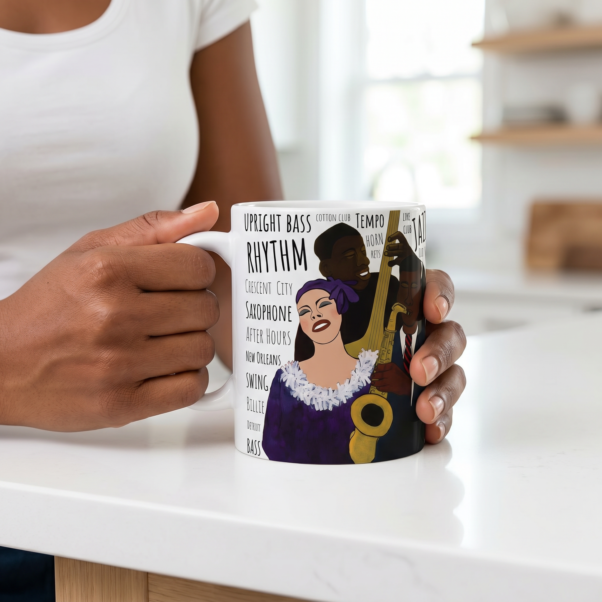 Battle of the Jazz Bands mug white colorway front view — Black art jazz ceramic coffee cup