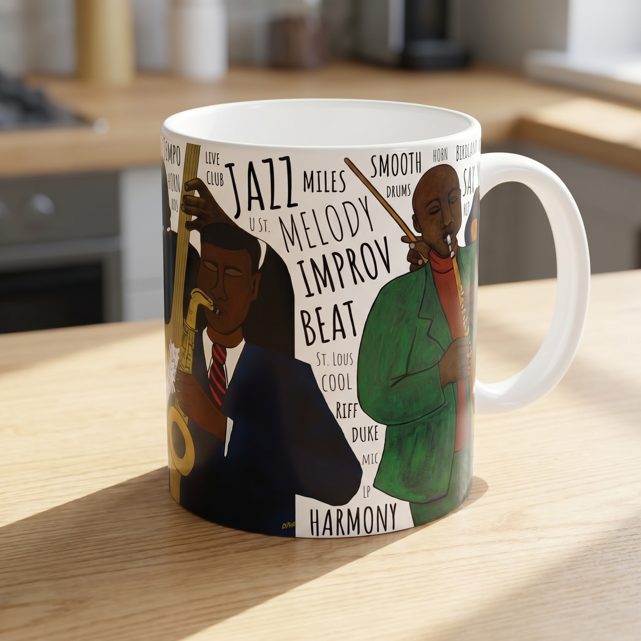 Battle of the Jazz Bands mug in white — Black art jazz ceramic coffee cup product photo