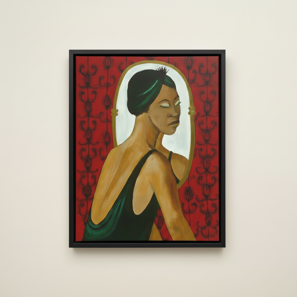 Woman in the Mirror — Framed Canvas Print, Black