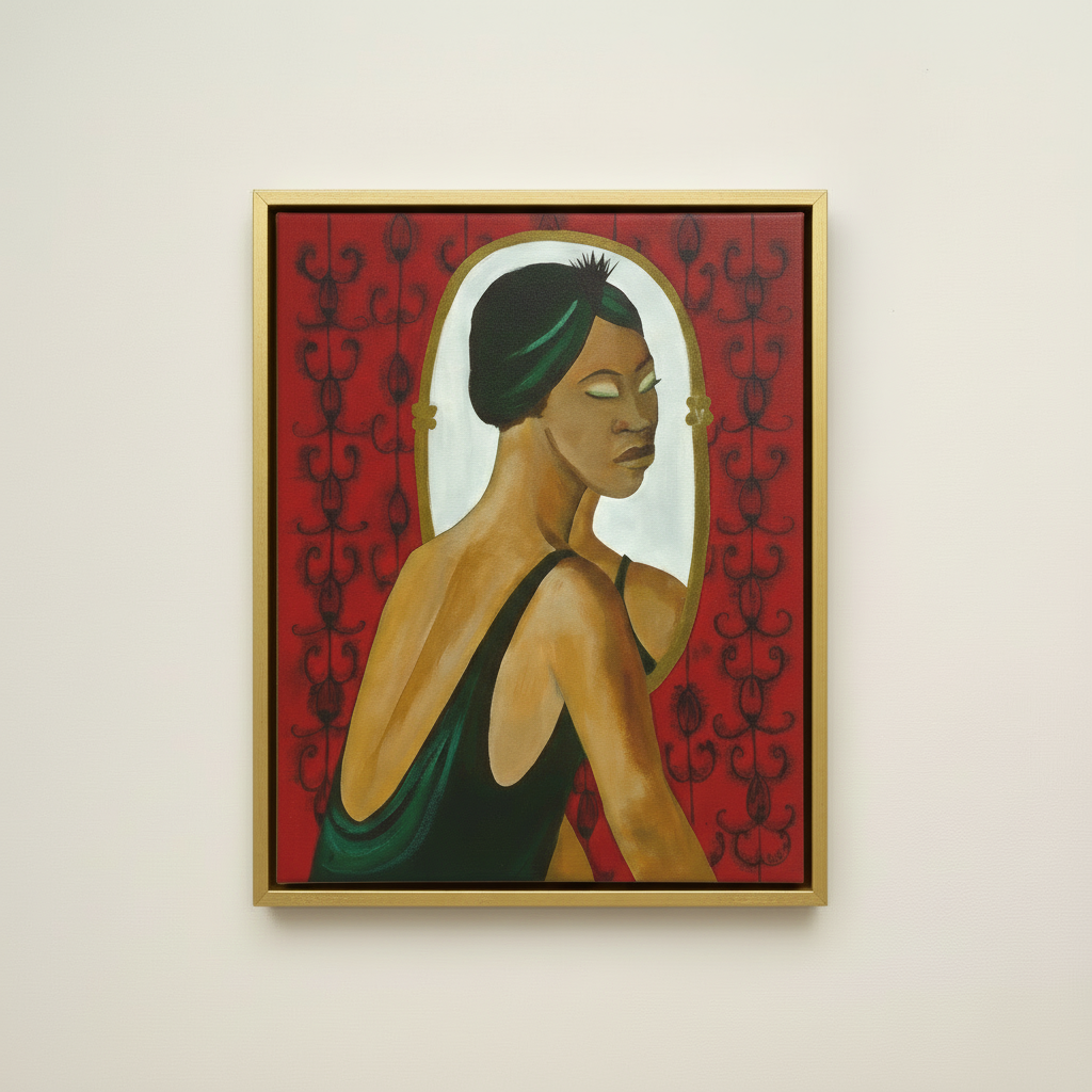 Woman in the Mirror — Framed Canvas Print, Gold