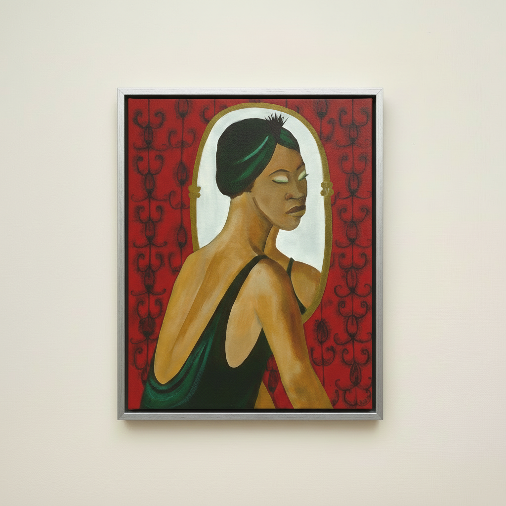 Woman in the Mirror — Framed Canvas Print, Silver