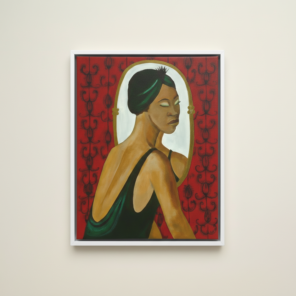 Woman in the Mirror — Framed Canvas Print, White