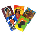 Set of five colorful greeting cards  of black women with hats on a white background.