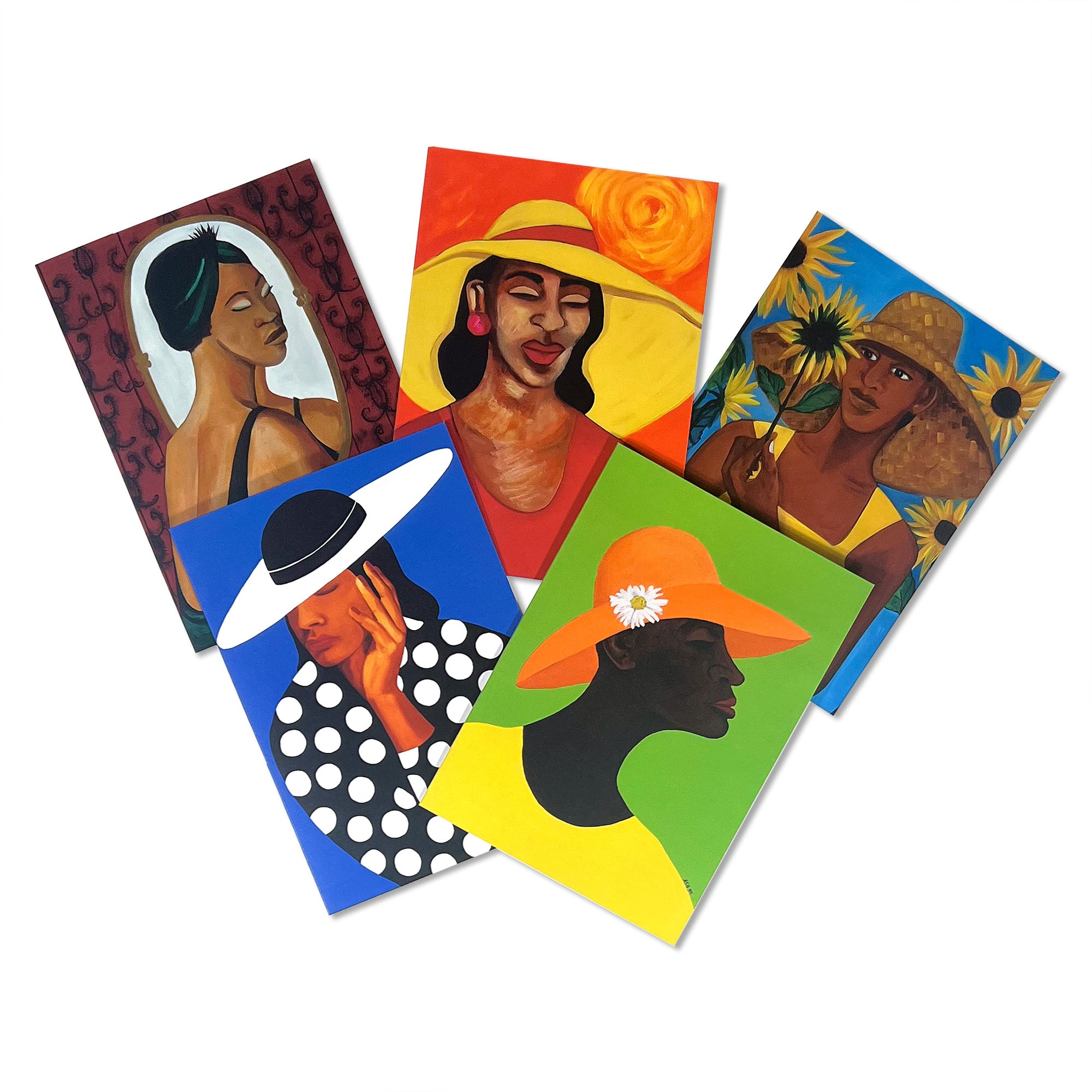 Set of five colorful greeting cards  of black women with hats on a white background.